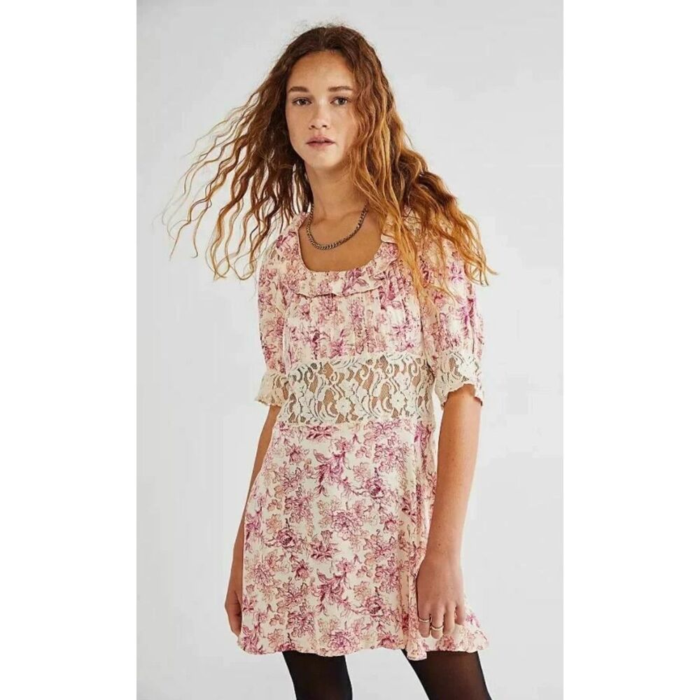 Free People Lucie Mini Dress 12 Large Pink White Lace Floral Rockabilly Cottage